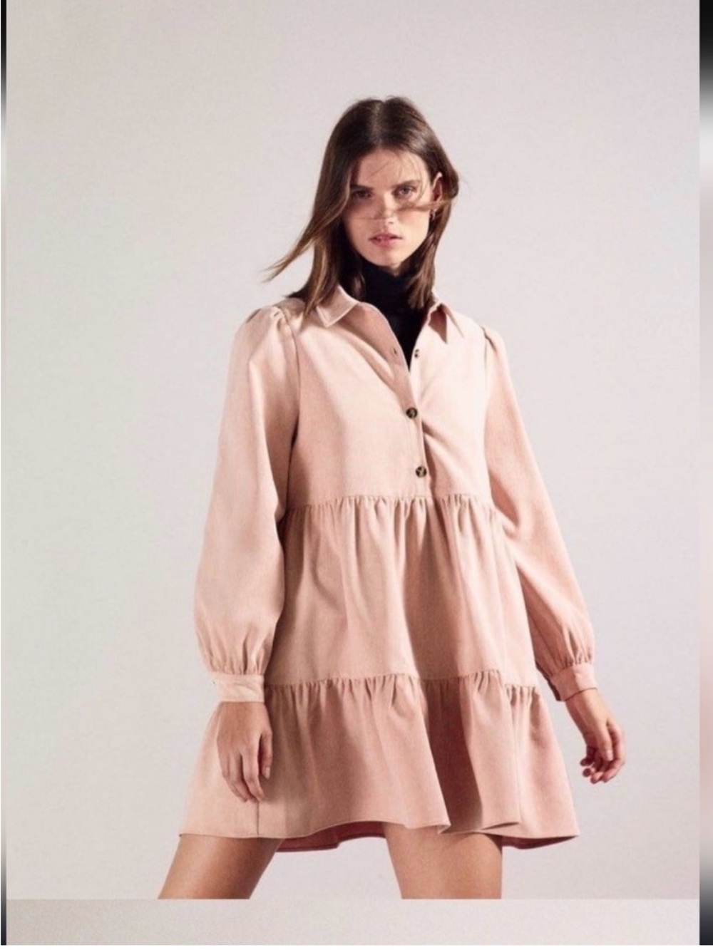 Zara Womens S Pale Pink Tiered Corduroy Mini Shirt Dress Modern Babydoll Cozy